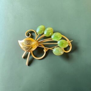 Vintage Gold Floral Pin Brooch with Olive Green Beads